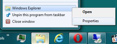 windows explorer taskbar icon properties